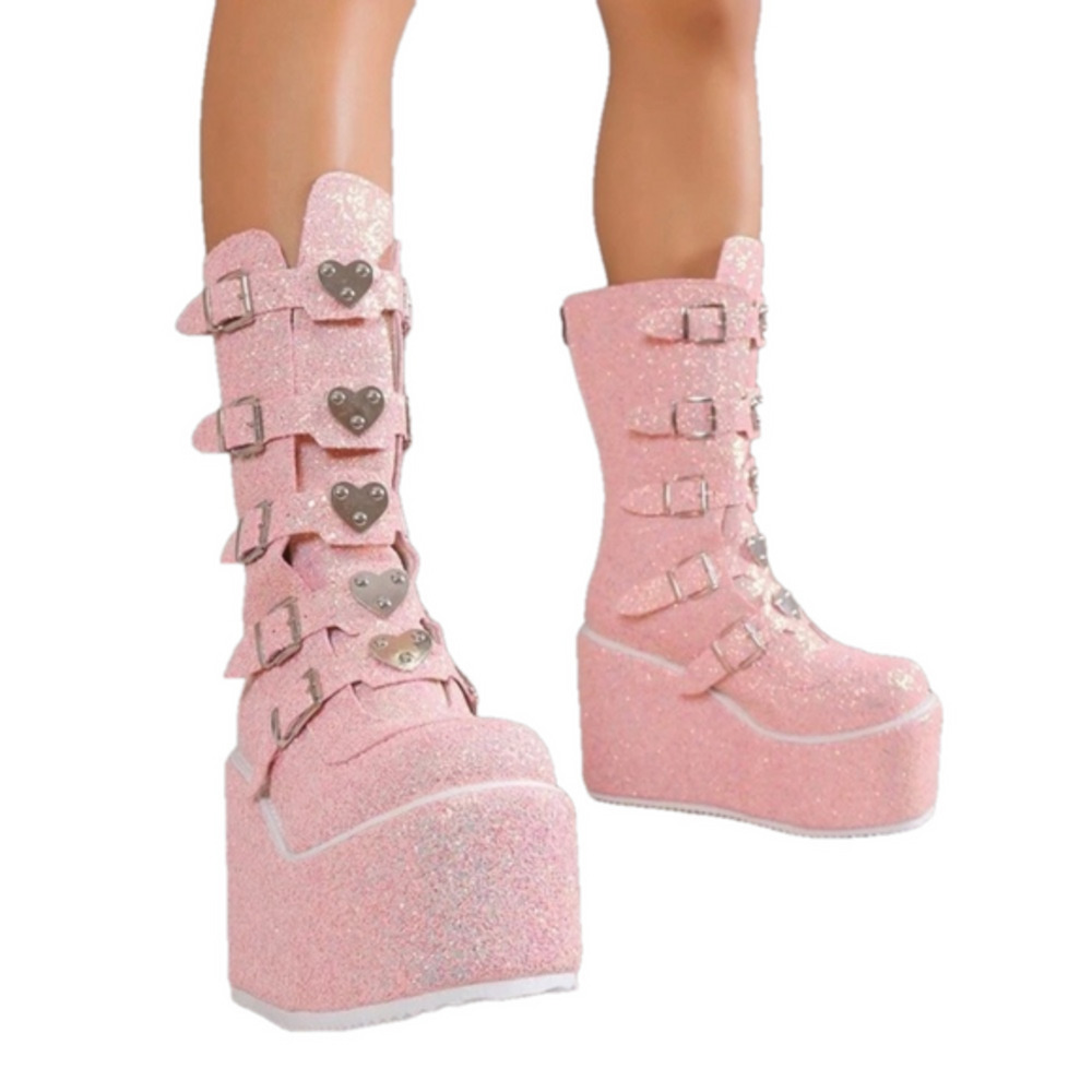 🎀🍒 Glitter Heart & Buckle Platform Wedge Boots 🍒🎀 NWT